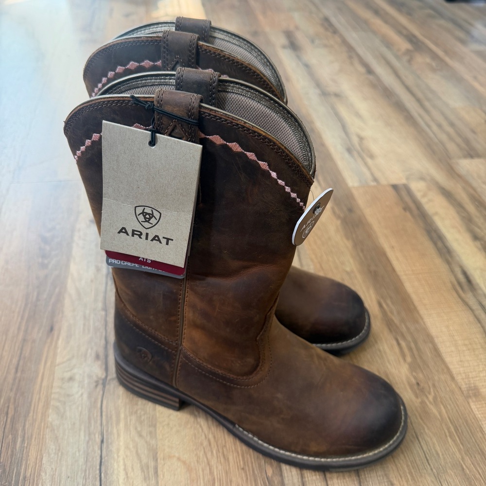 Ariat Unbridled Roper Distressed Brown Leather Pink Stitching Boots Size 8 B